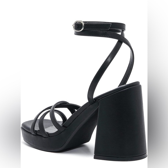 Black Strappy Lace Up Platform Heel Sandals Square OpenToe Decorative Dangle 8M - Picture 6 of 13